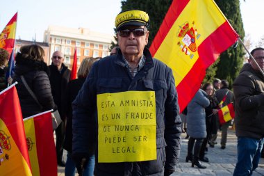 Right-wing protesters protest during a demonstration against the amnesty for Catalan separatists and against Pedro Sanchez in Templo de Debot in Madrid, December 3, 2023, Spain clipart