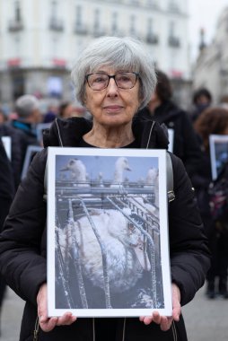 Dünya Hayvan Hakları Günü 'nde Puerta del Sol' da 9 Aralık 2023 'te İspanya' nın Madrid kentinde düzenlenen bir gösteride düzinelerce insan hayvan fotoğrafları tutuyor..