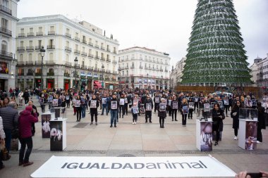 Dünya Hayvan Hakları Günü 'nde Puerta del Sol' da 9 Aralık 2023 'te İspanya' nın Madrid kentinde düzenlenen bir gösteride düzinelerce insan hayvan fotoğrafları tutuyor..