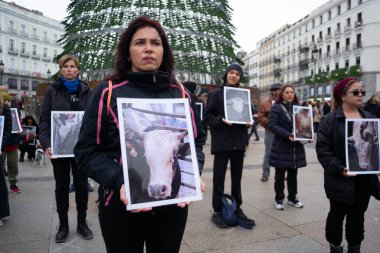 Dünya Hayvan Hakları Günü 'nde Puerta del Sol' da 9 Aralık 2023 'te İspanya' nın Madrid kentinde düzenlenen bir gösteride düzinelerce insan hayvan fotoğrafları tutuyor..