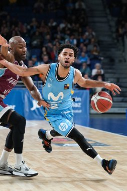 Movistar Estudiantes oyuncusu Movistar Estudiantes ile ICG Forca Lleida arasında oynanan LEB Oro Maçı sırasında 10 Aralık 'ta WiZink Center Madrid' de görüldü.