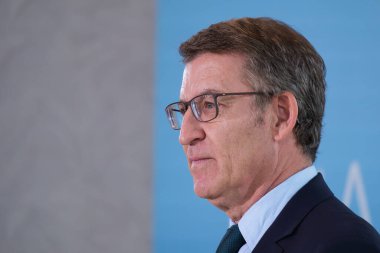 Partido Popüler Başkanı Alberto Nunez Feijoo, 28 Aralık 2023 tarihinde İspanya 'nın başkenti Madrid' de bulunan VP Otel 'de düzenlenen basın toplantısı sırasında Del ao 2023 dengesi bozuldu.. 