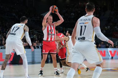 Olympiacos Pire 'den Sikma Luke, 25 Ocak 2024 tarihinde İspanya' nın Madrid kentinde oynanan Real Madrid ile Olympiacos Pire arasında oynanan Türk Hava Yolları EuroLeague karşılaşmasında.