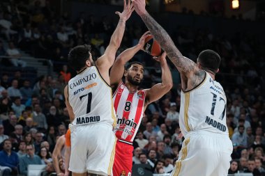 Olympiacos Pire 'den Mitrou Long Naz, 25 Ocak 2024 tarihinde İspanya' nın başkenti Madrid 'de oynanan Real Madrid ile Olympiacos Pire arasında oynanan EuroLeague karşılaşmasında.