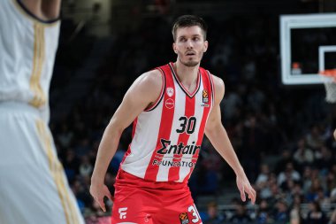 Olympiacos Pire 'den Petrusev Filip 25 Ocak 2024 tarihinde İspanya' nın başkenti Madrid 'de oynanan Real Madrid ile Olympiacos Pire arasında oynanan EuroLeague karşılaşmasında.