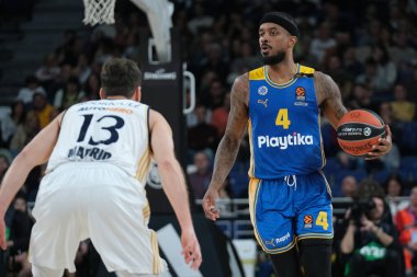 Maccabi Tel Aviv 'den Brown Lorenzo, Real Madrid ile Maccabi Tel Aviv arasında oynanan EuroLeague maçı sırasında 30 Ocak 2024 tarihinde İspanya' nın başkenti Madrid 'de oynanmıştır..