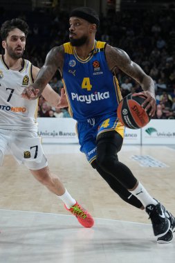 Maccabi Tel Aviv 'den Brown Lorenzo, Real Madrid ile Maccabi Tel Aviv arasında oynanan EuroLeague maçı sırasında 30 Ocak 2024 tarihinde İspanya' nın başkenti Madrid 'de oynanmıştır..