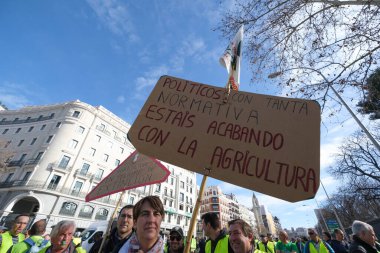 Protestocular, çiftçilerin 21 Şubat 2024 'te Madrid' deki Avrupa tarım politikasını kınamak için düzenledikleri protesto sırasında Puerta de Alcal önünde traktörlerle geliyorlar. İspanya