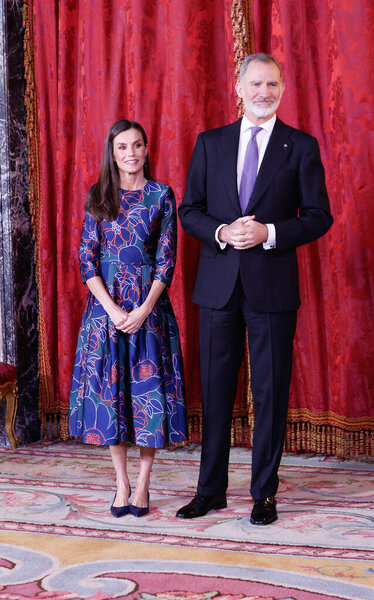 King Felipe VI of Spain and Queen Letizia of Spain host a lunch for the President of Guatemala Cesar Bernardo Arevalo de Leon and his wife Lucrecia Eugenia Peinado Villanueva at the Royal Palace on February 22, 2024 in Madrid, Spain