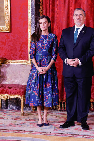  King Felipe VI of Spain and Queen Letizia of Spain host a lunch for the President of Guatemala Cesar Bernardo Arevalo de Leon and his wife Lucrecia Eugenia Peinado Villanueva at the Royal Palace on February 22, 2024 in Madrid, Spain
