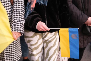 24 Şubat 2024 'te İspanya' nın Ukrayna 'yı işgalinin ikinci yılını anmak amacıyla Madrid' in Gran Via 'sına protestocular yürüdü.