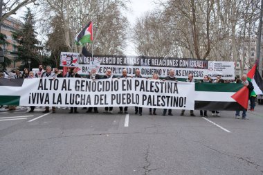 25 Şubat 2024 'te İspanya' nın Madrid kentinde Filistin 'in işgaline karşı düzenlenen gösteri sırasında düzinelerce insan protesto etti..