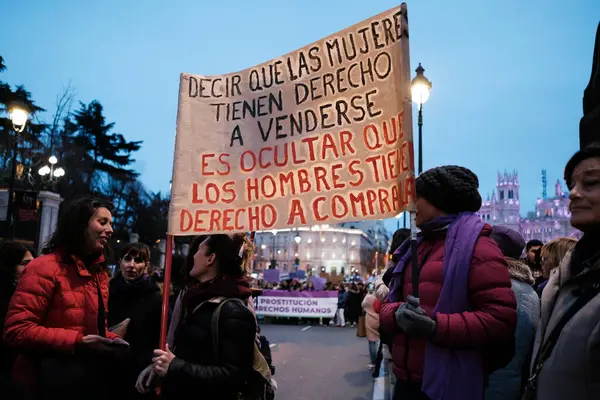 Several Women Protest Demonstration International Women Day Plaza Cibeles Madrid — Stock Photo, Image