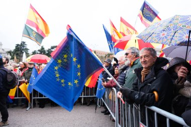 Several people during a rally calling for the contra la amnista resignation of Pedro Sanchez, at Plaza de Cibeles, on March 9, 2024, in Madrid  Spain clipart