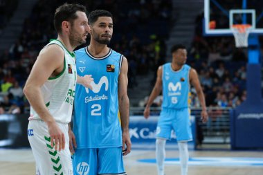 Movistar Estudiantes 'in oyuncusu, WiZink Center' da Movistar Estudiantes ile Amics Castello arasında oynanan LEB Oro Maçı sırasında görüldü. 21 Mart 2024 İspanya