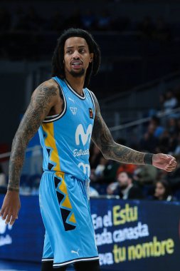 player of Movistar Estudiantes seen in action during the LEB Oro Match between Movistar Estudiantes and Amics Castello at WiZink Center. March 21, 2024 Spain clipart