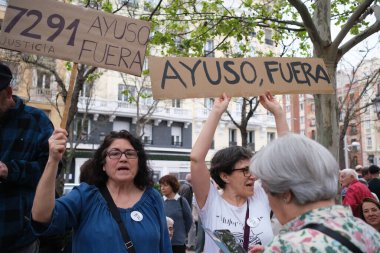 protesters outside the PP headquarters to demand the resignation of Isabel Daz Ayuso due to her partner's corruption scandals April 06 2024 in Madrid Spain clipart