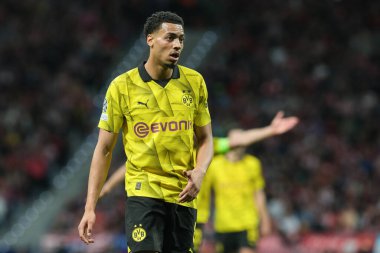 UEFA Şampiyonlar Ligi sırasında Borussia Dortmund 'dan Ian Maatsen, Madrid' den Borussia Dortmund arasında, 10 Nisan 2024 'te Madrid' de İspanya 'da.. 