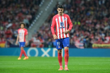 UEFA Şampiyonlar Ligi sırasında Atletico de Madrid 'den Alvaro Morata, Madrid' den Borussia Dortmund arasında, 10 Nisan 2024 'te Madrid' de İspanya 'da. 