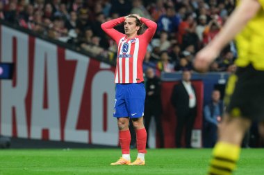 UEFA Şampiyonlar Ligi sırasında Atletico de Madrid 'den Antoine Griezmann, Madrid' den Borussia Dortmund arasında, 10 Nisan 2024 'te Madrid' de İspanya 'da. 