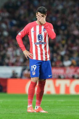 UEFA Şampiyonlar Ligi sırasında Atletico de Madrid 'den Alvaro Morata, Madrid' den Borussia Dortmund arasında, 10 Nisan 2024 'te Madrid' de İspanya 'da. 