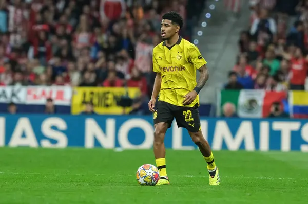 stock image Ian Maatsen  of Borussia Dortmund during the UEFA Champions League,  between At Madrid and Borussia Dortmund in Metropolitano Stadium on April 10, 2024 in Madrid Spain. 