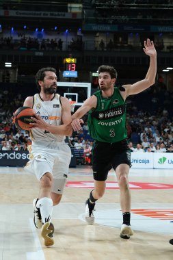 Real Madrid 'den Sergio Llull, Real Madrid ile Joventut Badalona arasında oynanan ACB Liga Endesa Basketbol maçı sırasında 14 Nisan 2024 tarihinde İspanya' nın başkenti Madrid 'de oynanan WiZink Center' da oynanmıştır..