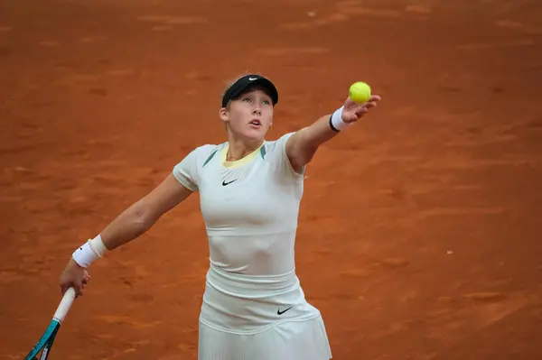 stock image Mirra Andreyeva of Russian during the match on Day Two of the Mutua Madrid Open at La Caja Magica on April 24, 2024 in Madrid, Spain.