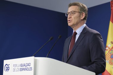 Lider Partido Popüler (Halk Partisi) Alberto Nunez Feijoo, 25 Nisan 2024 tarihinde Madrid 'deki parti genel merkezinde basın toplantısı düzenledi.