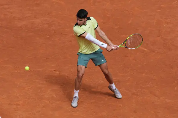 stock image Carlos Alcaraz of Spain  against Alexander Shevchenko  during their second round match on day four of the Mutua Madrid Open at La Caja Magica on April 26, 2024 in Madrid, Spain.