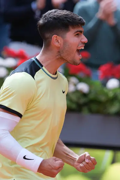 stock image Carlos Alcaraz of Spain  against Alexander Shevchenko  during their second round match on day four of the Mutua Madrid Open at La Caja Magica on April 26, 2024 in Madrid, Spain.