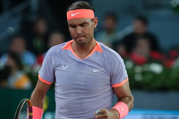 Stock image Rafael Nadal of Spain  against Alex de Minaur in the Men's Singles Round of 64 match during Day Five of the Mutua Madrid Open at La Caja Magica on April 27, 2024 in Madrid, Spain.