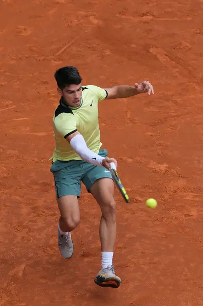 stock image Carlos Alcaraz of Spain  against Thiago Seyboth  in the Men's Singles Round of 32 Match during Day Six of the Mutua Madrid Open at La Caja Magica on April 28, 2024 in Madrid, Spain. 