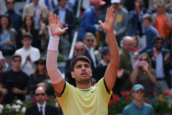 stock image Carlos Alcaraz of Spain  against Thiago Seyboth  in the Men's Singles Round of 32 Match during Day Six of the Mutua Madrid Open at La Caja Magica on April 28, 2024 in Madrid, Spain. 