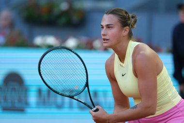 Aryna Sabalenka, 28 Nisan 2024 tarihinde İspanya 'nın Madrid kentinde La Caja Magica' da oynanan Mutua Madrid Açık 'ın altıncı gününde oynanan 32' nci Bayanlar Tekli Turunda Robin Montgomery 'ye karşı..