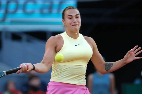 stock image Aryna Sabalenka against Robin Montgomery  in the Women's Singles Round of 32 match during Day Six of the Mutua Madrid Open at La Caja Magica on April 28, 2024 in Madrid, Spain.