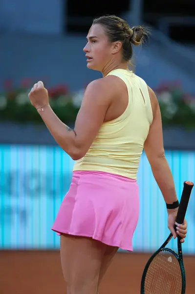 Stock image Aryna Sabalenka against Robin Montgomery  in the Women's Singles Round of 32 match during Day Six of the Mutua Madrid Open at La Caja Magica on April 28, 2024 in Madrid, Spain.