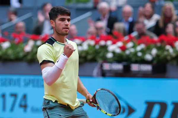 stock image Carlos Alcaraz of Spain against  Struff  during their Men's Round of 16 match on day eight of the Mutua Madrid Open at La Caja Magica on April 30, 2024 in Madrid, Spain. 