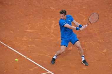 Çek Cumhuriyeti 'nden Jiri Lehecka, Erkekler Tekler yarı final karşılaşmasında Felix Auger Aliassime' ye karşı La Caja Magica 'da 3 Mayıs 2024 tarihinde oynanan Mutua Madrid Açık yarı final karşılaşmasında. 