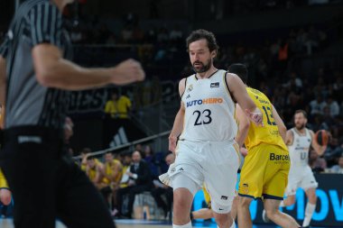 Real Madrid 'den Sergio Llull 15 Mayıs 2024' te İspanya 'da WiZink Center' da Real Madrid ile Gran Canaria arasında oynanan Liga Endesa ACB çeyrek final maçında