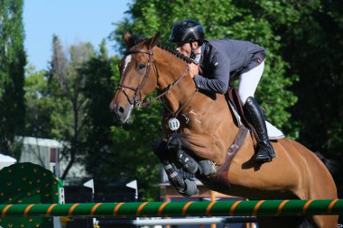 Longines Global Şampiyonlar Turu sırasında Madrid 'deki Club de Campo Villa de Madrid' de 18 Mayıs 2024 'te yarışan bir binici..