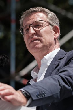 The president of the Popular Party Alberto Nuez Feijoo,  during a emonstration against the amnesty law at the Puerta de Alcala, on 26 May, 2024 in Madrid, Spain clipart