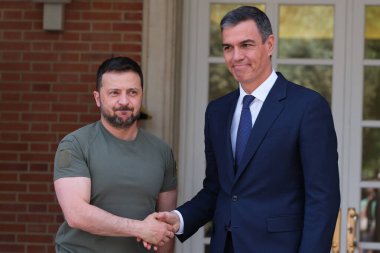 Prime Minister Pedro Sanchez receives Ukrainian President Volodimir Zelenski at the Moncloa Palace, on May 27, 2024, in Madrid, Spain. clipart
