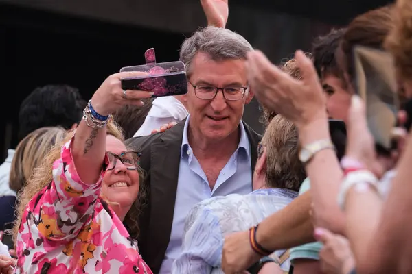 Stock image The president of the Popular Party Alberto Nuez Feijoo during an act of closing of campaign, to the 9J European elections in the Plaza de Callao, on June 6 2024 in Madrid Spain