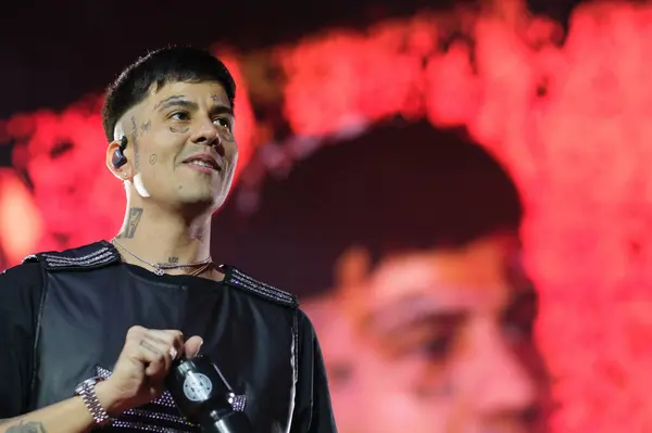 stock image Argentine singer Duki during a performance at the Santiago Bernabeu Stadium, on June 8, 2024, in Madrid, Spain. 