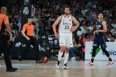 Liga ACB Endesa final maçında Real Madrid 'den Sergio Llull, 10 Haziran 2024 tarihinde İspanya' nın Madrid kentinde Wizink Center 'da Real Madrid ile UCAM Murcia arasında oynandı.. 
