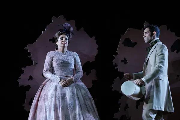 stock image Singers perform during representation of the opera Dona Francisquita (Miss Francisquita) by the Spanish composer Amadeo Vives on stage at the Zarzuela Theater on June 14, 2024 in Madrid Spain