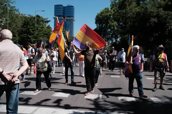 stock image People protest during a march against the monarchy, the end of King Felipe VI and the establishment of the Republic in Puerta de Sol  on June 16, 2024 in Madrid, Spain