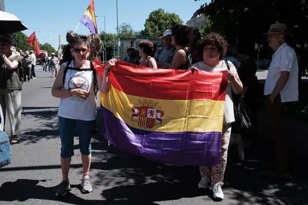 stock image People protest during a march against the monarchy, the end of King Felipe VI and the establishment of the Republic in Puerta de Sol  on June 16, 2024 in Madrid, Spain