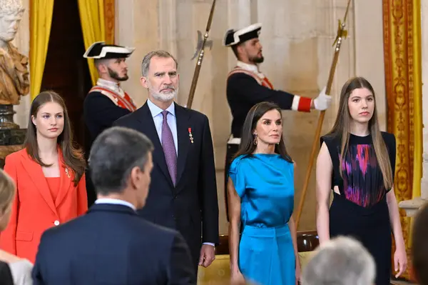 stock image Princes Leonor of Spain, King Felipe VI, Queen Letizia and Sofia during the celebration events of the 10th anniversary of the proclamation of King  at The Royal Palace on June 19 2024 in Madrid Spain